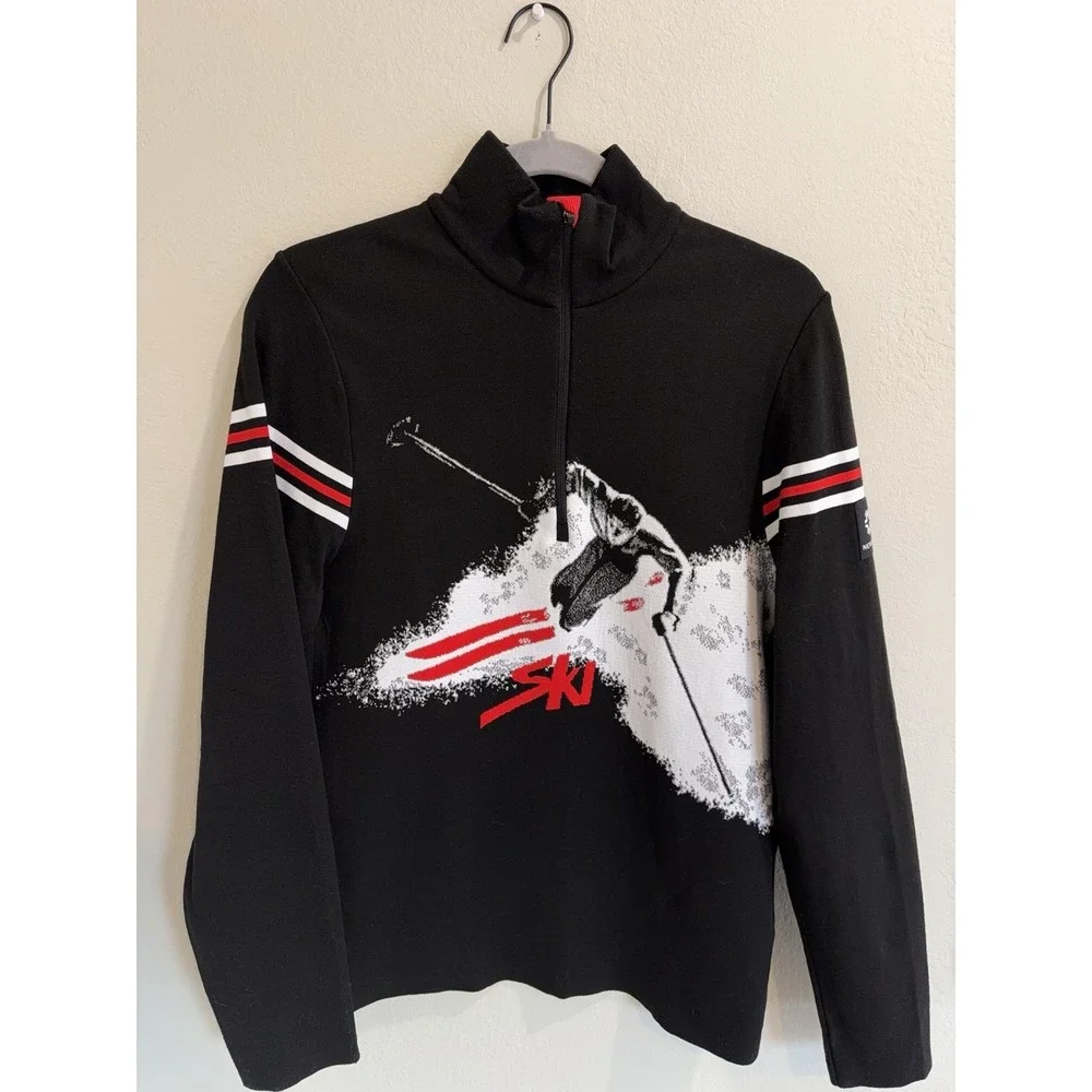 NEWLAND Men's Ski Sweater Sz. M Skier Made Italy Quarter Zip Black‎